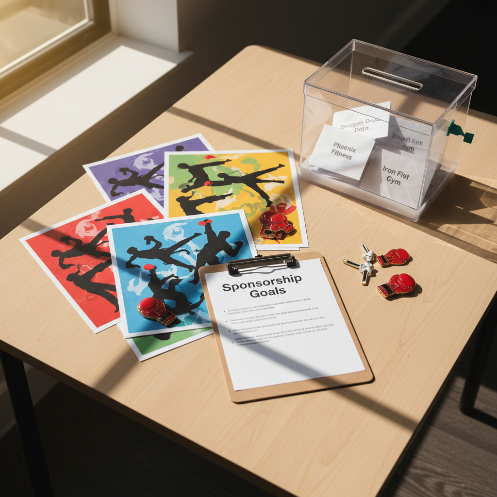 An overhead, photographic view of a fundraising planning table inside a bright martial arts gym office, with no people present. On the light wood tabletop lie colorful event flyers featuring stylized silhouettes of kicking and grappling figures, a clipboard with a bold title “Sponsorship Goals,” and a scatter of branded enamel pins shaped like tiny boxing gloves and karate belts. In the corner rests a clear donation box partly filled with envelopes labeled with sponsor names. Afternoon sunlight streams through a nearby window, casting long, warm shadows and accenting the textures of paper and acrylic. The playful, organized composition and vibrant colors convey excitement, community involvement, and strategic support for athletes.